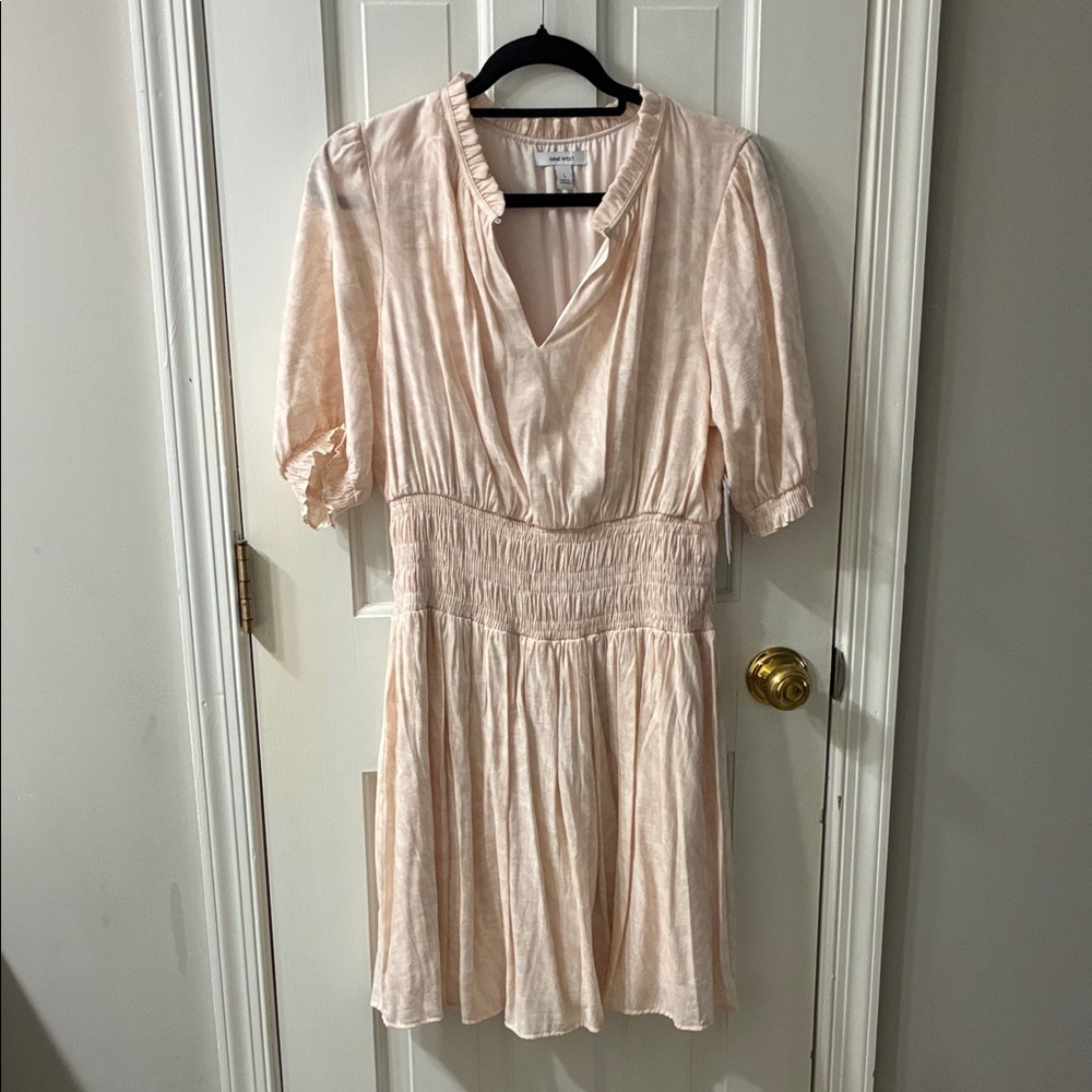 Nine West Light Pink Smocked-Waist V-Neck Mini Dress